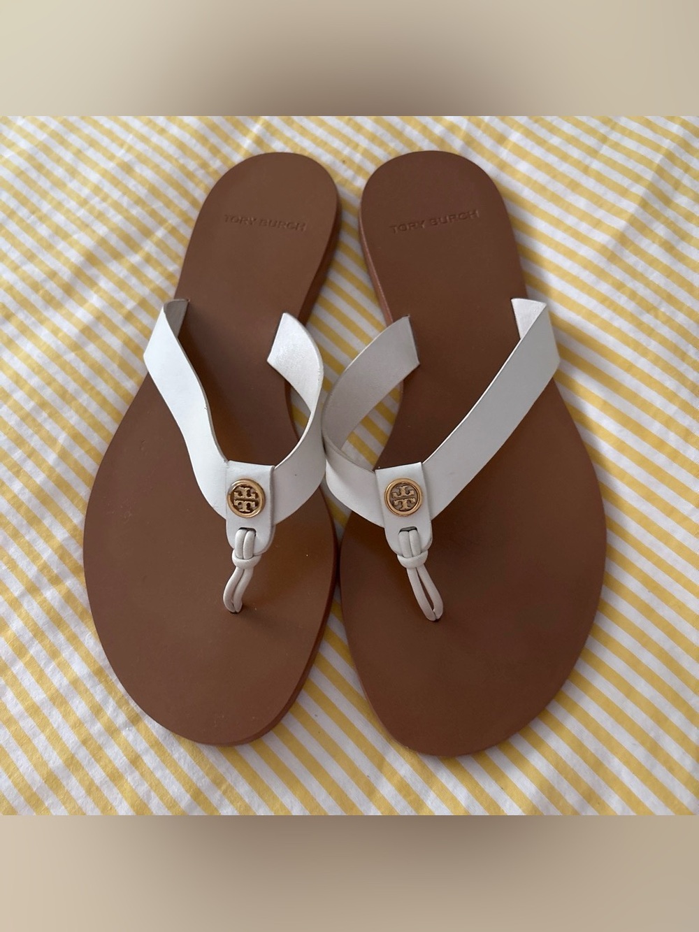 Tory Burch Brown Footbed White Strap Logo Thong Sandals